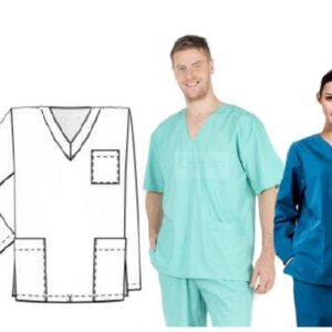 Molde digital de scrub médico unisex con blusa quirúrgica escote V y pantalón profesional para uniforme hospitalario.