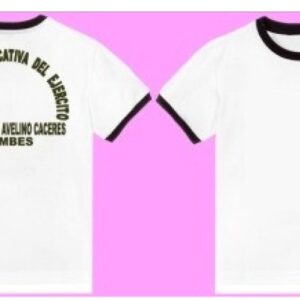 Molde digital de camiseta escolar deportiva unisex manga corta color blanco con cuello redondo y acabados oscuros.