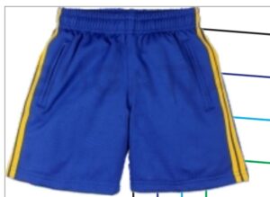 Molde digital de pantaloneta escolar deportiva color azul con franjas laterales y cintura elástica.