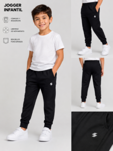 Jogger infantil color negro con bolsillos laterales y puños en tobillos, modelado por un niño en estudio fotográfico.
