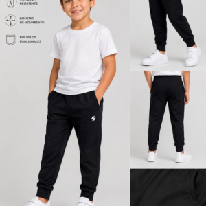Jogger infantil color negro con bolsillos laterales y puños en tobillos, modelado por un niño en estudio fotográfico.